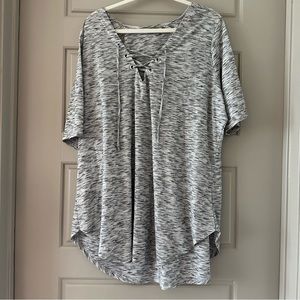 lovesick gray and white shirt with criss cross neckline